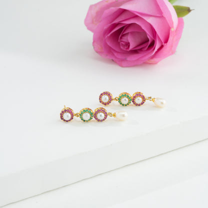 Radiant Red Green Freshwater Pearl Hanging Earrings
