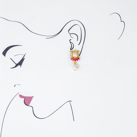 Gifted Red Stone Freshwater Pearl Stud Earrings