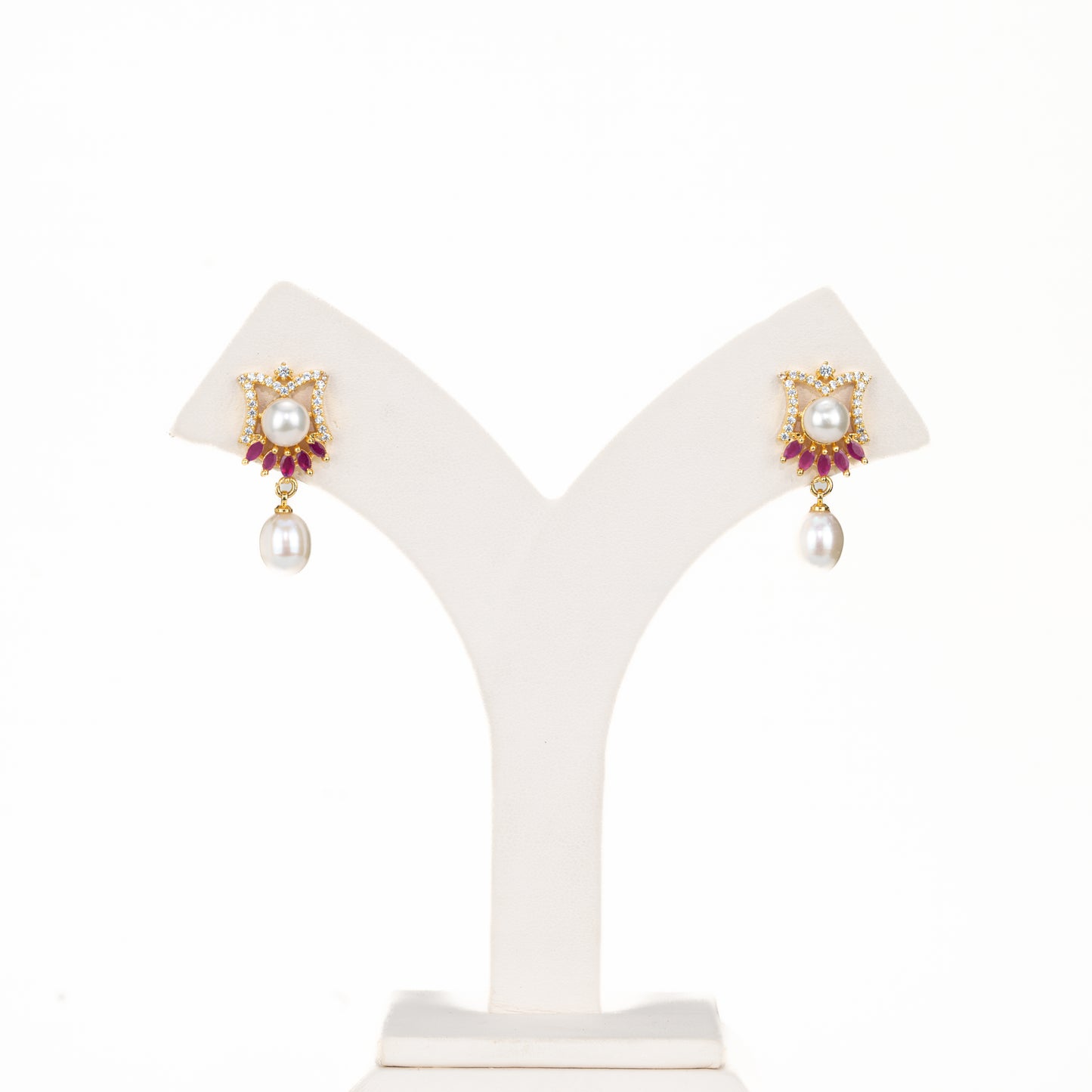 Gifted Red Stone Freshwater Pearl Stud Earrings