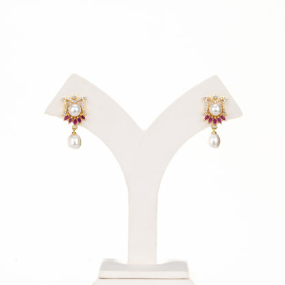 Gifted Red Stone Freshwater Pearl Stud Earrings