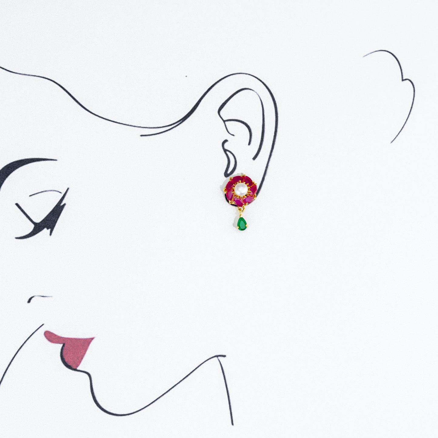 Estelle Red And Green Stone Freshwater Pearl Stud Earrings