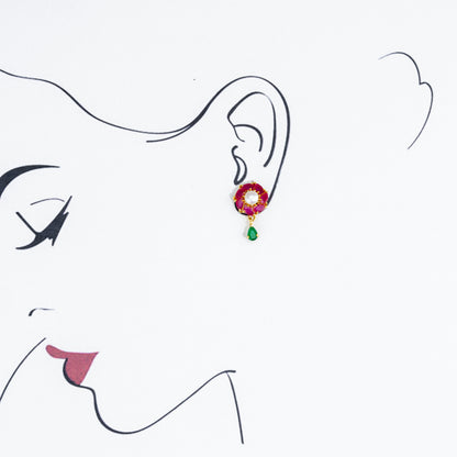 Estelle Red And Green Stone Freshwater Pearl Stud Earrings