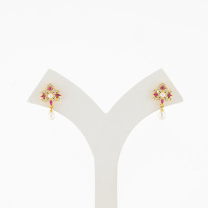 Estelle Red Stone Freshwater Pearl Stud Earrings