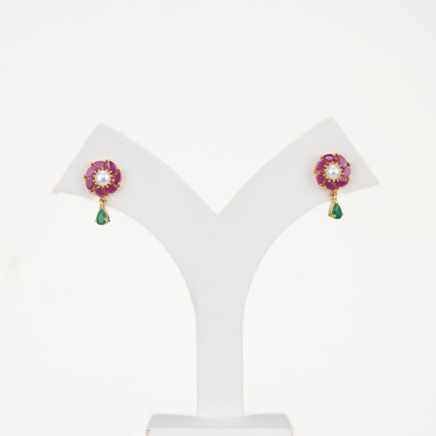 Estelle Red And Green Stone Freshwater Pearl Stud Earrings