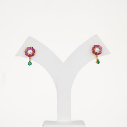 Estelle Red And Green Stone Freshwater Pearl Stud Earrings