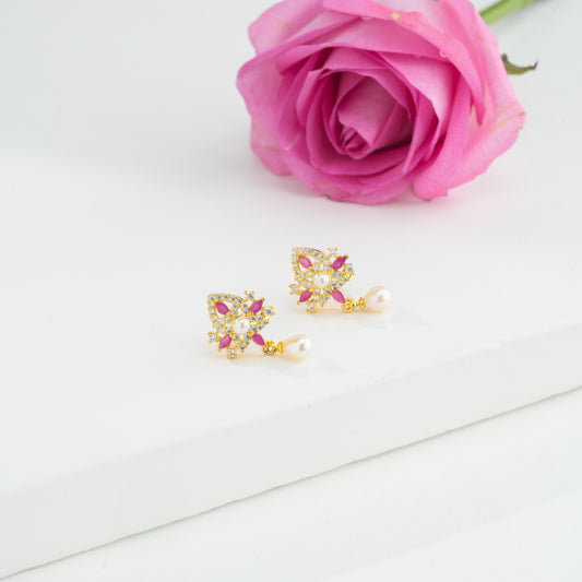 Estelle Red Stone Freshwater Pearl Stud Earrings