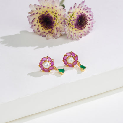 Estelle Red And Green Stone Freshwater Pearl Stud Earrings
