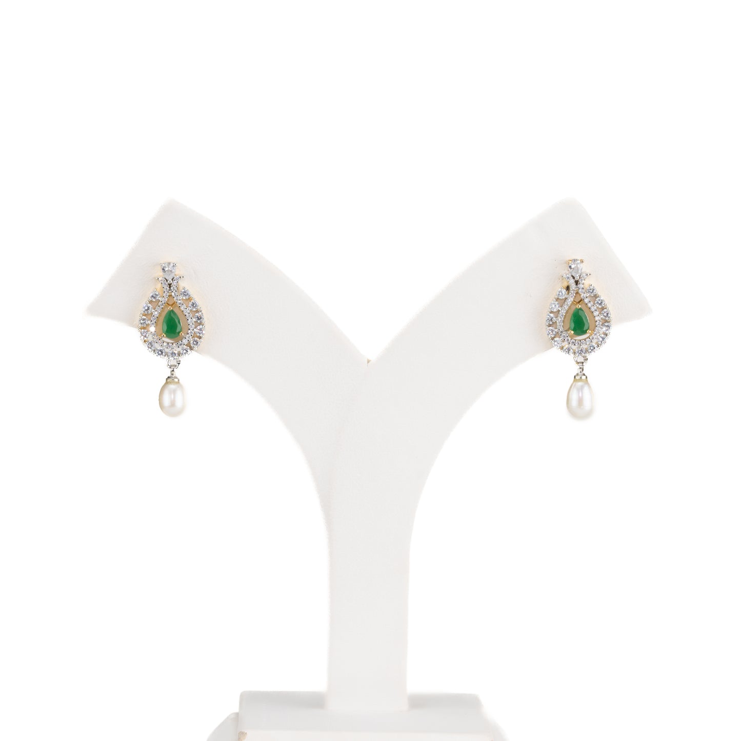 Brilliant Green Stone Freshwater Pearl Drop Hanging Studs Earrings