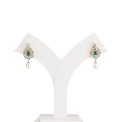 Brilliant Green Stone Freshwater Pearl Drop Hanging Studs Earrings