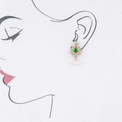 Brilliant Green Stone Freshwater Pearl Drop Hanging Studs Earrings