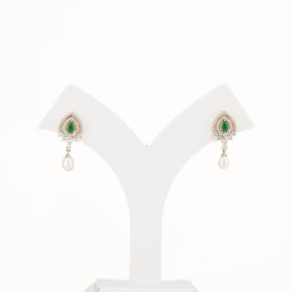 Brilliant Green Stone Freshwater Pearl Drop Hanging Studs Earrings
