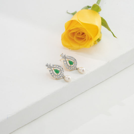 Brilliant Green Stone Freshwater Pearl Drop Hanging Studs Earrings