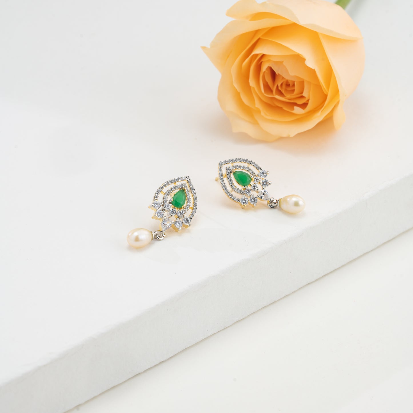 Brilliant Green Stone Freshwater Pearl Drop Hanging Studs Earrings