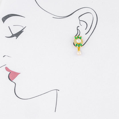 Twinkling Green Mix Hanging Freshwater Pearl Studs Earrings