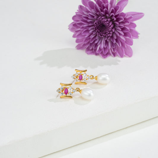 Glossy Red Stone Drop Hanging Freshwater Pearl Studs Earrings