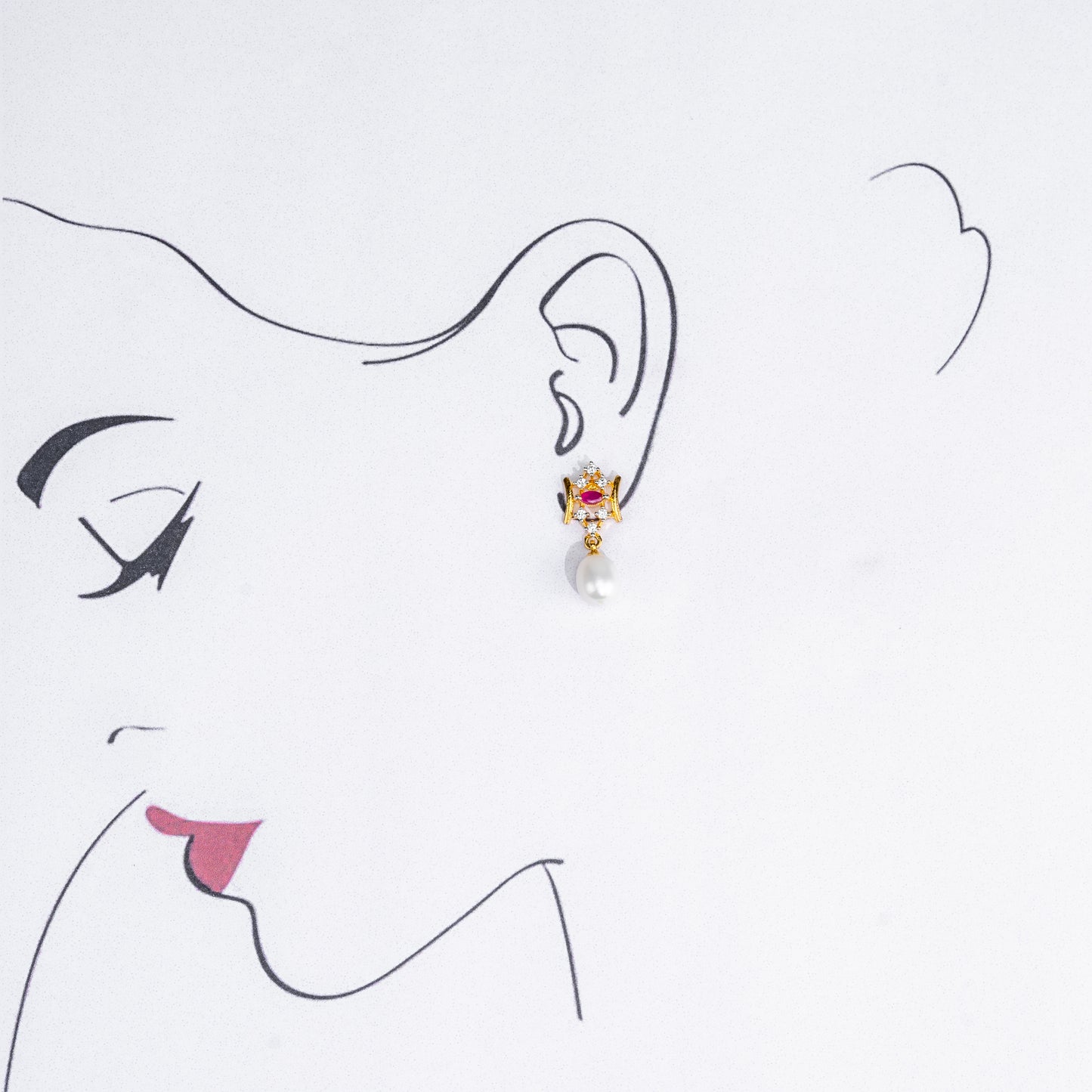 Glossy Red Stone Drop Hanging Freshwater Pearl Studs Earrings