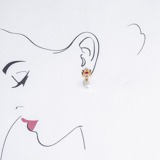 Glossy Red Stone Drop Hanging Freshwater Pearl Studs Earrings