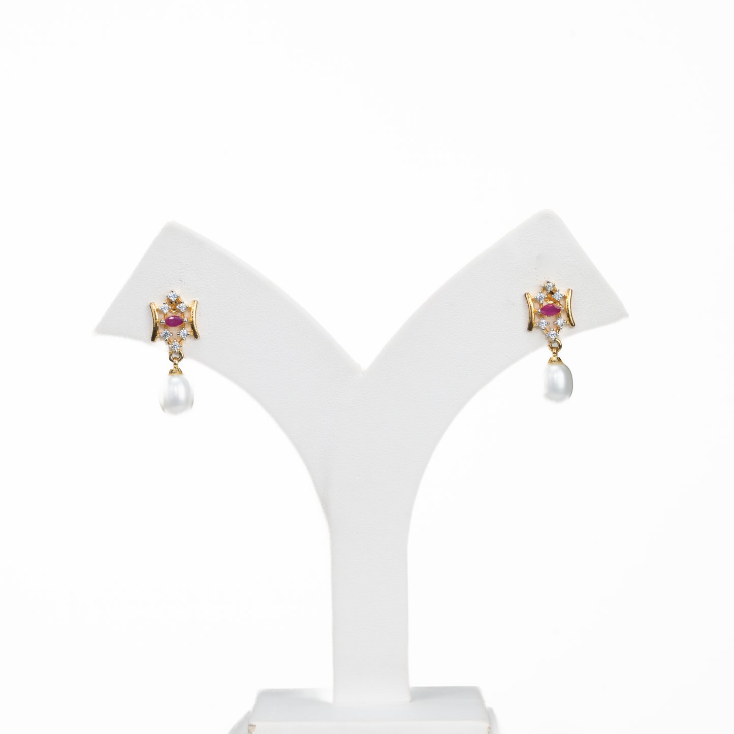 Glossy Red Stone Drop Hanging Freshwater Pearl Studs Earrings