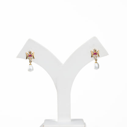 Glossy Red Stone Drop Hanging Freshwater Pearl Studs Earrings