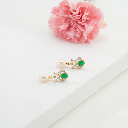 Premium Green Stone Freshwater Pearl Drop Earrings