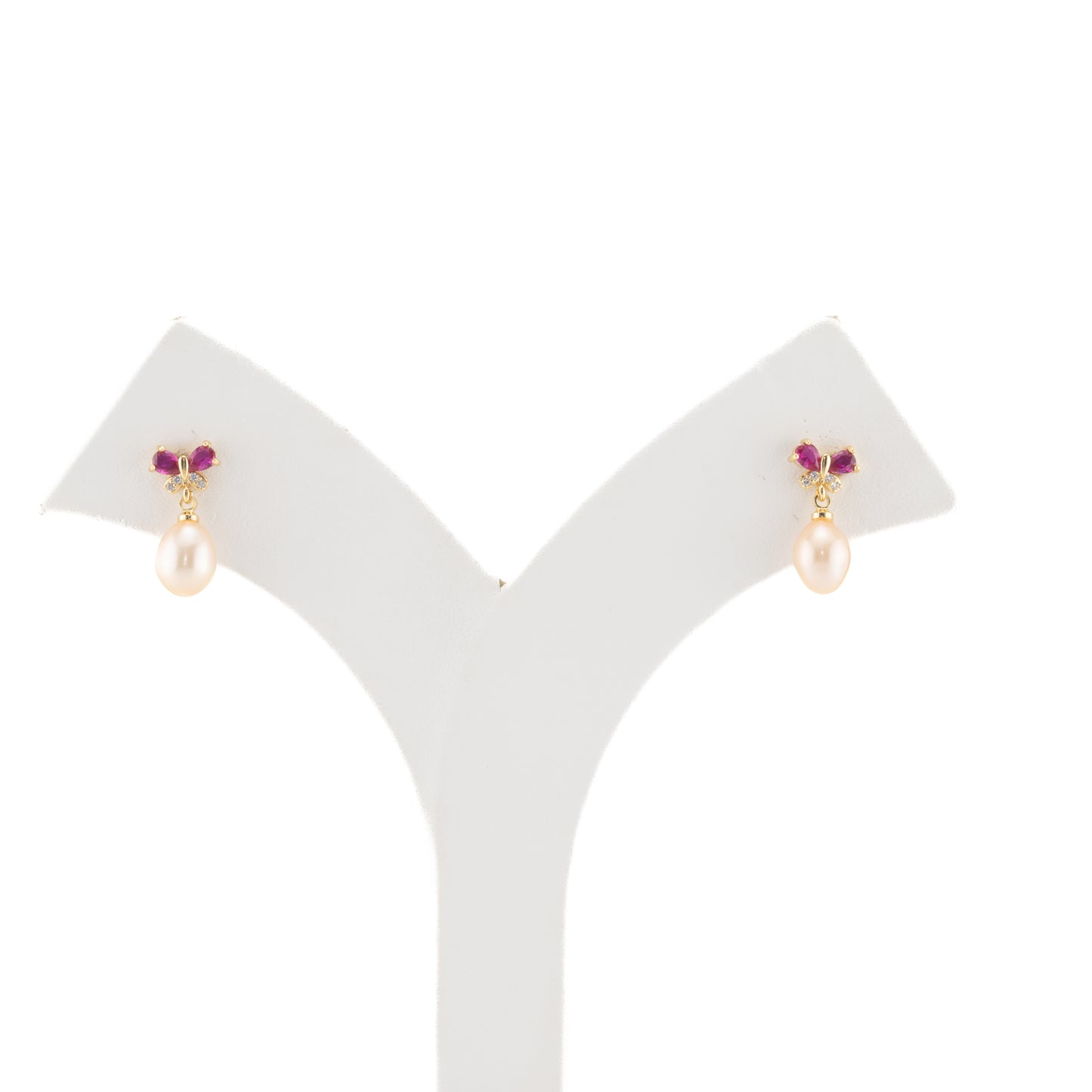 Adorn Red Stone Pink Freshwater Pearl Stud Earrings