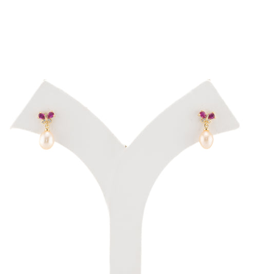 Adorn Red Stone Pink Freshwater Pearl Stud Earrings