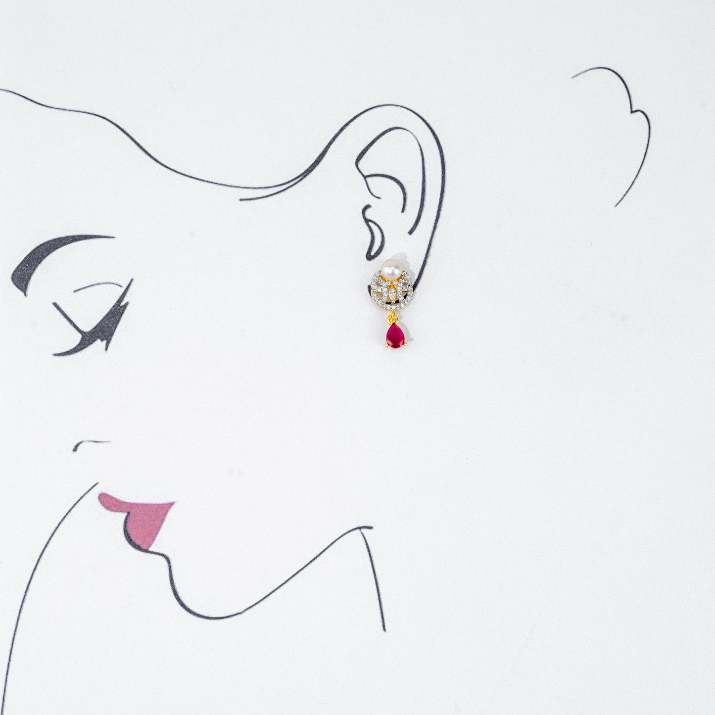 Adorn Red Stone White Freshwater Pearl Stud Earrings