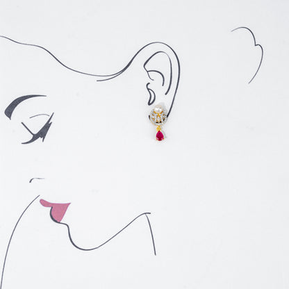 Adorn Red Stone White Freshwater Pearl Stud Earrings