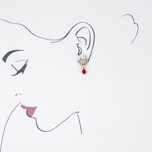 Adorn Red Stone White Freshwater Pearl Stud Earrings
