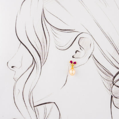 Adorn Red Stone Pink Freshwater Pearl Stud Earrings