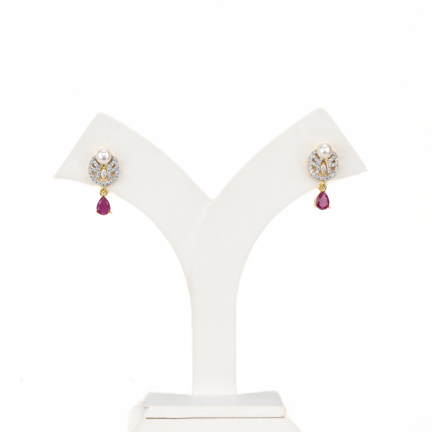 Adorn Red Stone White Freshwater Pearl Stud Earrings