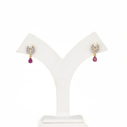 Adorn Red Stone White Freshwater Pearl Stud Earrings
