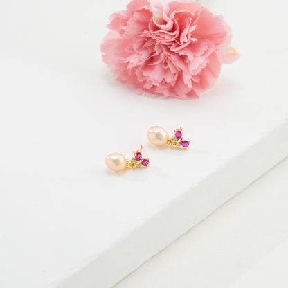 Adorn Red Stone Pink Freshwater Pearl Stud Earrings