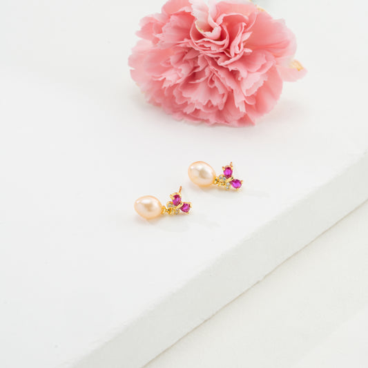 Adorn Red Stone Pink Freshwater Pearl Stud Earrings