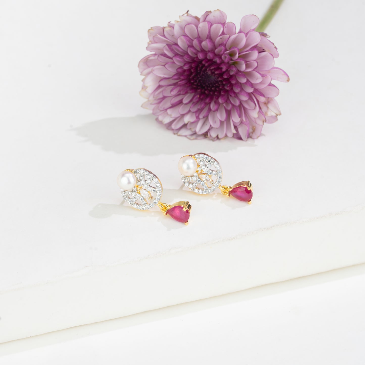 Adorn Red Stone White Freshwater Pearl Stud Earrings