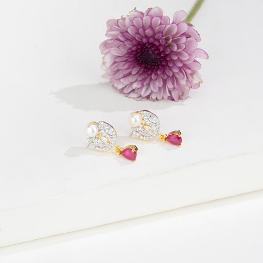 Adorn Red Stone White Freshwater Pearl Stud Earrings
