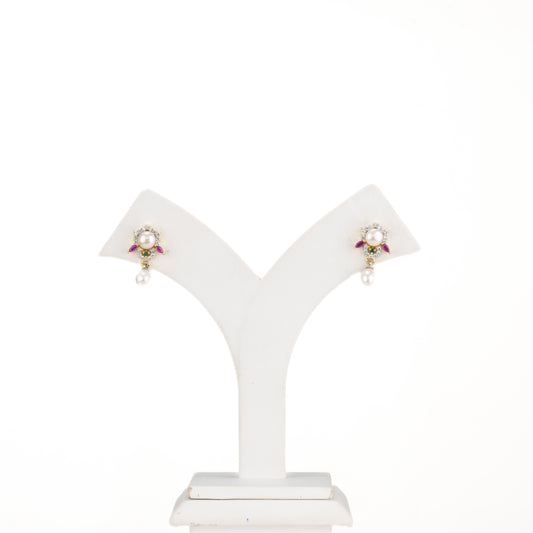 Classy Red Green Stone Drop Freshwater Pearl Earrings