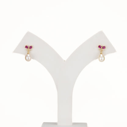Glossy Red Stone Drop Hanging Freshwater Pearl Studs Earrings