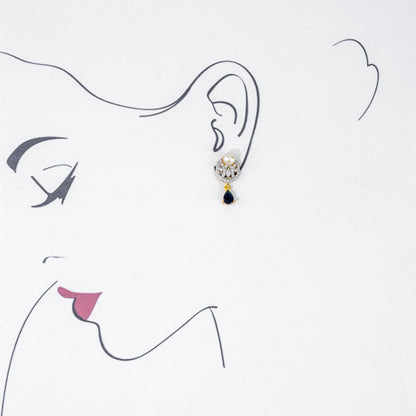 Glossy Blue Stone Button Hanging Freshwater Pearl Studs Earrings
