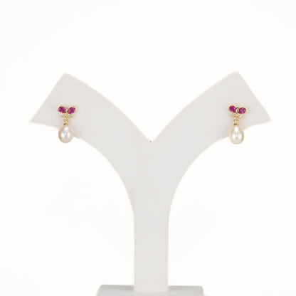 Glossy Red Stone Drop Hanging Freshwater Pearl Studs Earrings