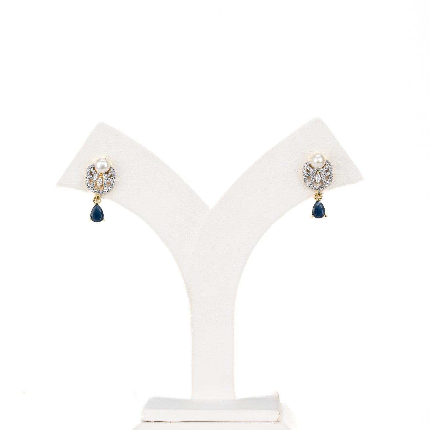 Glossy Blue Stone Button Hanging Freshwater Pearl Studs Earrings