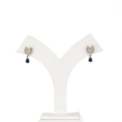 Glossy Blue Stone Button Hanging Freshwater Pearl Studs Earrings