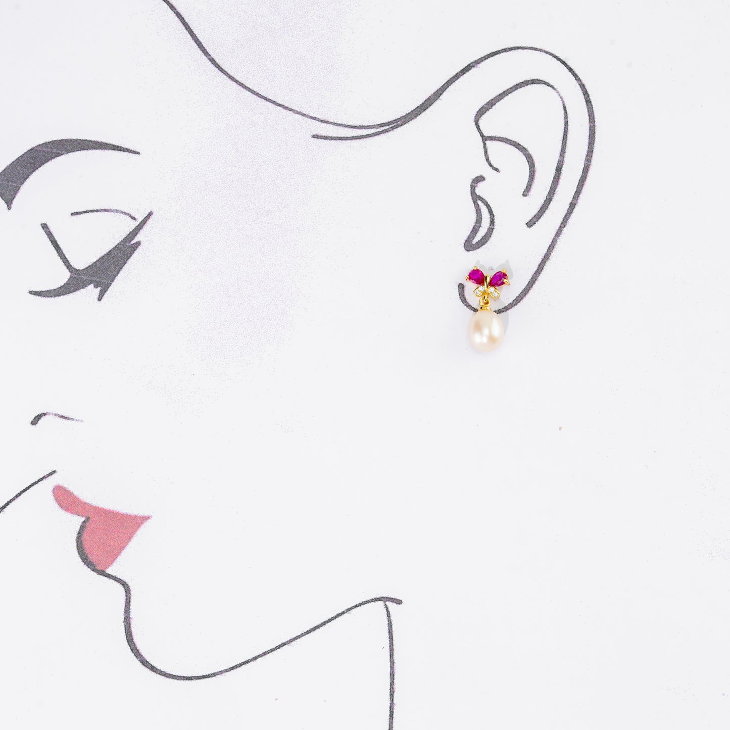 Glossy Red Stone Drop Hanging Freshwater Pearl Studs Earrings