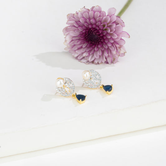 Glossy Blue Stone Button Hanging Freshwater Pearl Studs Earrings