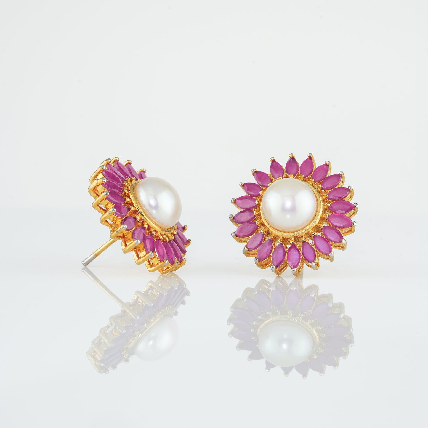 Floral Red Stone Freshwater Pearl Stud Earrings