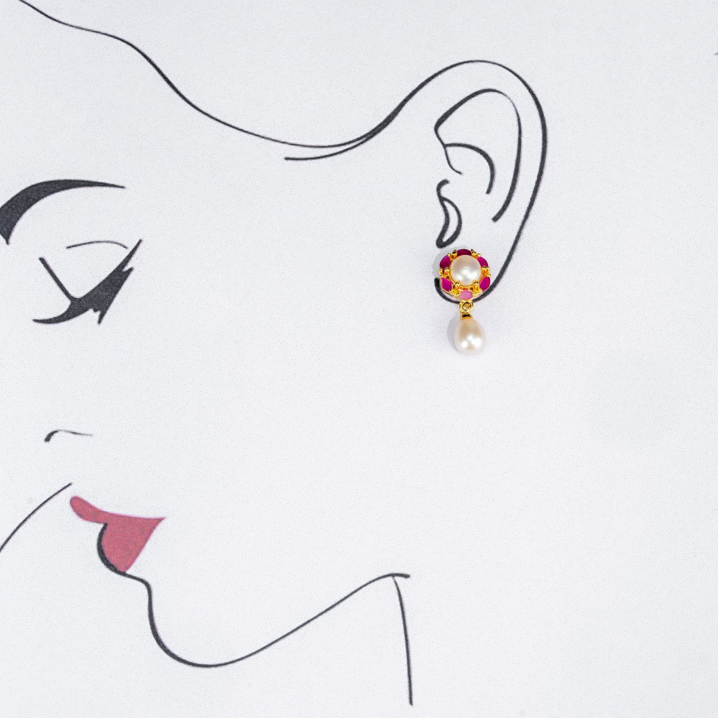 Adorable Red Stone Freshwater Pearl Stud Earrings