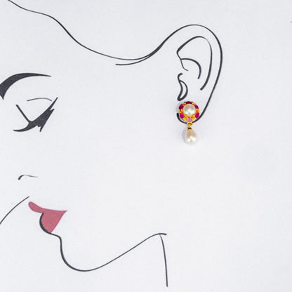 Adorable Red Stone Freshwater Pearl Stud Earrings