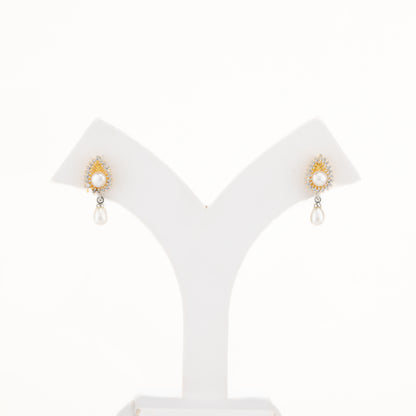 Glitzy White Stone Drop Freshwater Pearl Stud Earring