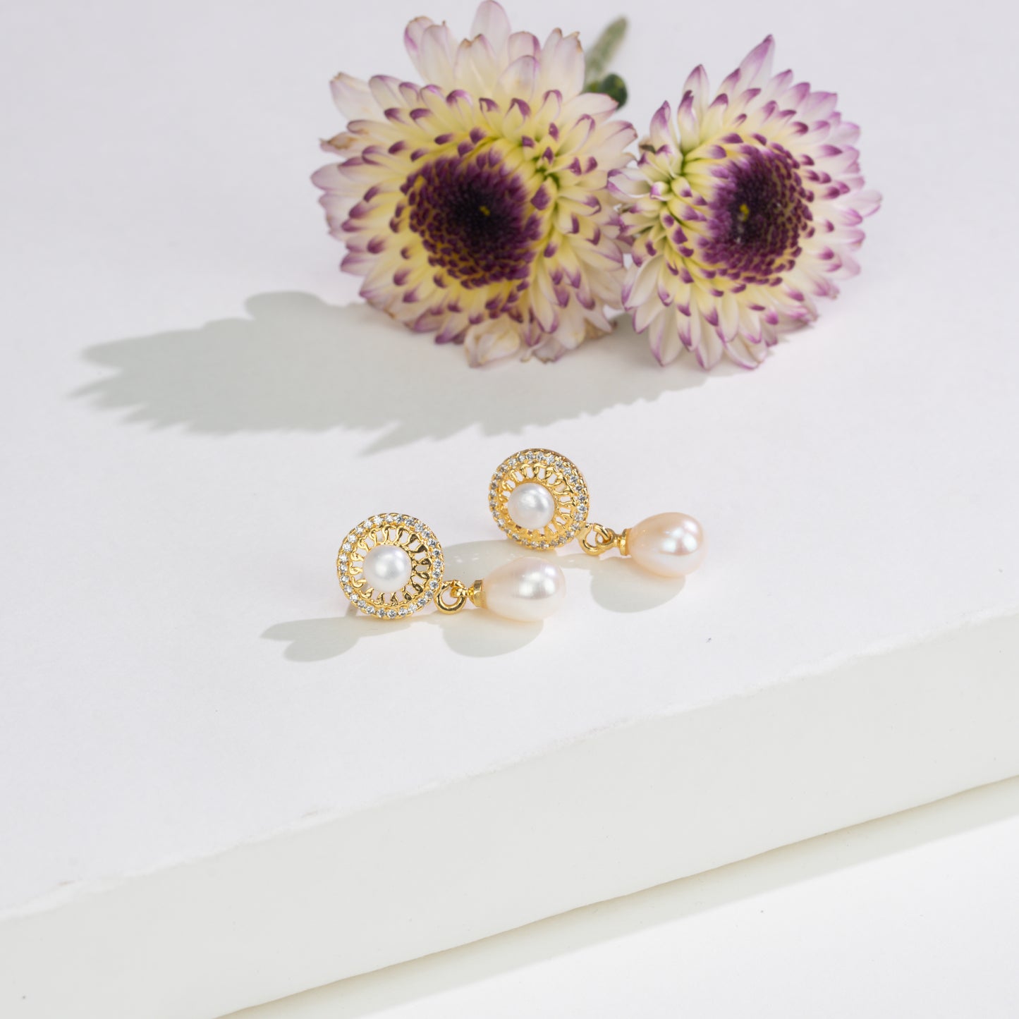 Glitzy White Stone Drop Freshwater Pearl Stud Earring
