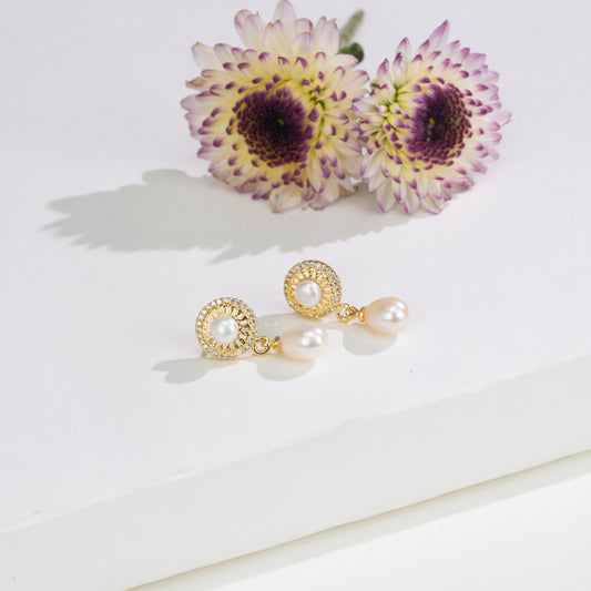 Glitzy White Stone Drop Freshwater Pearl Stud Earring